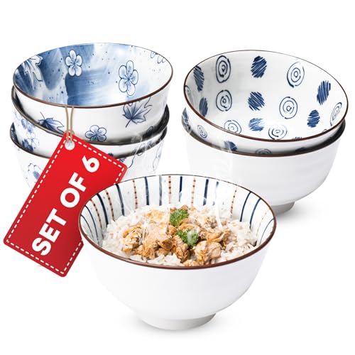 Kirosaku Japanese Rice Bowls Set of 6 - Porcelain Cereal Bowl in Vintage Blue White Design - Stackable Ceramic Dinner Set for Rice, Salad & Soup - Microwaveable & Oven Safe - 4.7