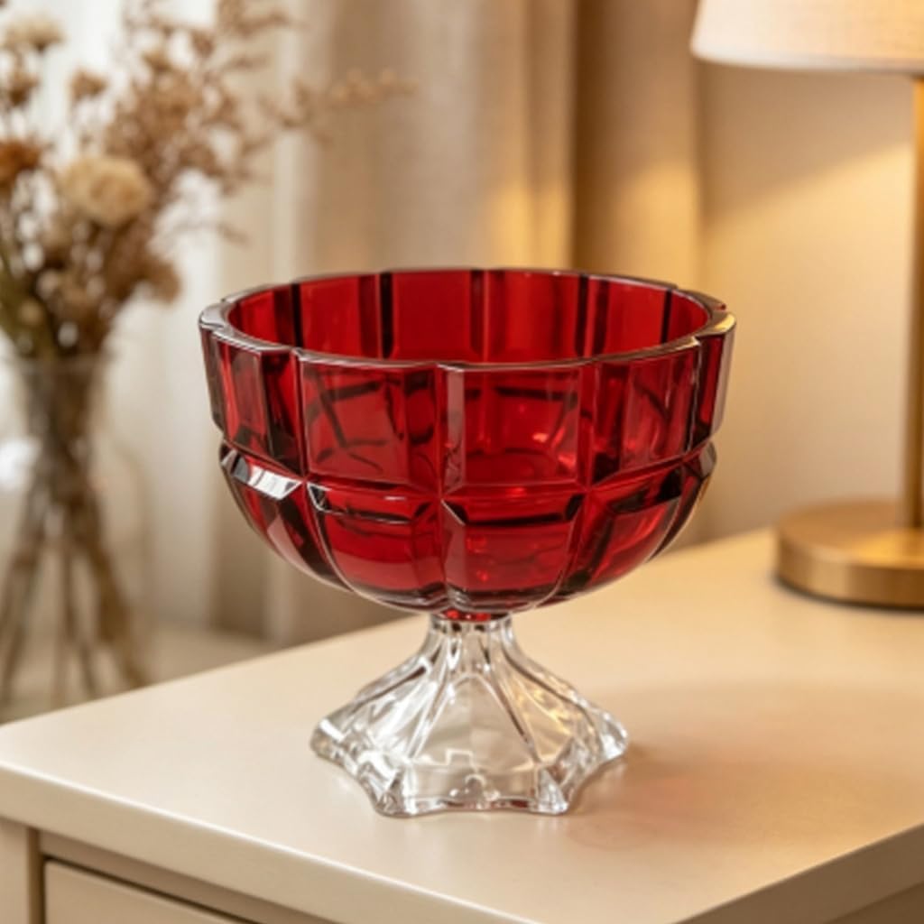 Red Glass Serving Bowl with Footed Base for Candy Treat Display