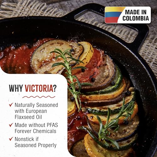 Image of Victoria Cast Iron Round Skillet with Double Loop Handles, Made in Colombia, 10 Inches