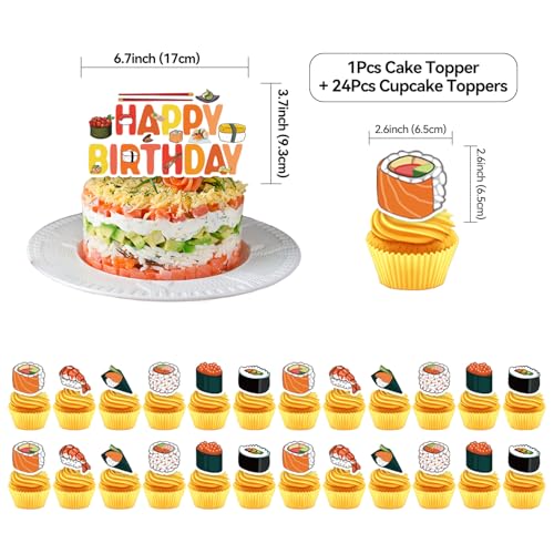 Image of Sushi Birthday Decoration Set, Cute Food Happy Birthday Banner, Party Supplies with Banner, Hanging Swirl, Balloon, Cake Topper, Cupcake Topper