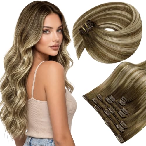 LaaVoo 135g Hair Extension Clips Human Hair Brown Blonde Balayage 22 Inch