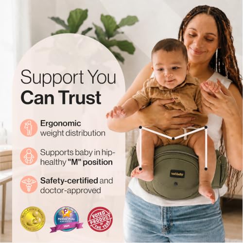 Image of Tushbaby Original Hip Seat Baby Carrier for Babies & Toddlers up to 45 lbs, Safety Certified, Lightweight No-Foam Design with Storage, Olive