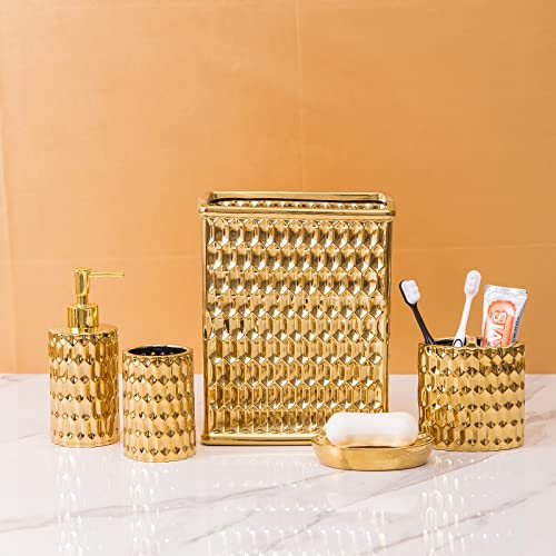 Rzcnc Bathroom Accessories Set Complete, Ceramic 4 Piece Bathroom Set Accessories Bath Accessories Set Complete Soap Dispenser Set With Toothbrush Holder, Soap Dispenser, Tumbler And Soap Dish,Golden #TOP6