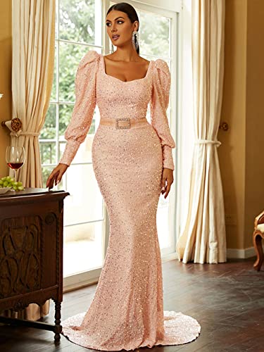 Lin Lin Q Women’s Elegant Sequin Long Sleeve Mermaid Prom Maxi Dress, Formal Rhinestone Evening Gowns With Belt Pink #TOP6