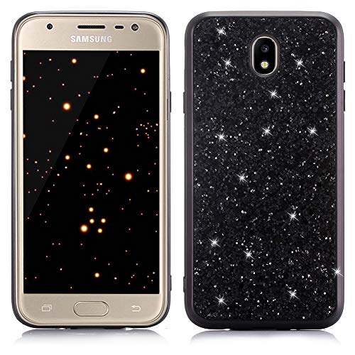WIWJ Samsang Galaxy J7 2017 Glitter Case,Soft Silicone Case Glitter Sparkle Sequins Rhinestones Glossy Case Soft Protective Shell Gel TPU Diamond Bumper Back Cover Female Shell -Black