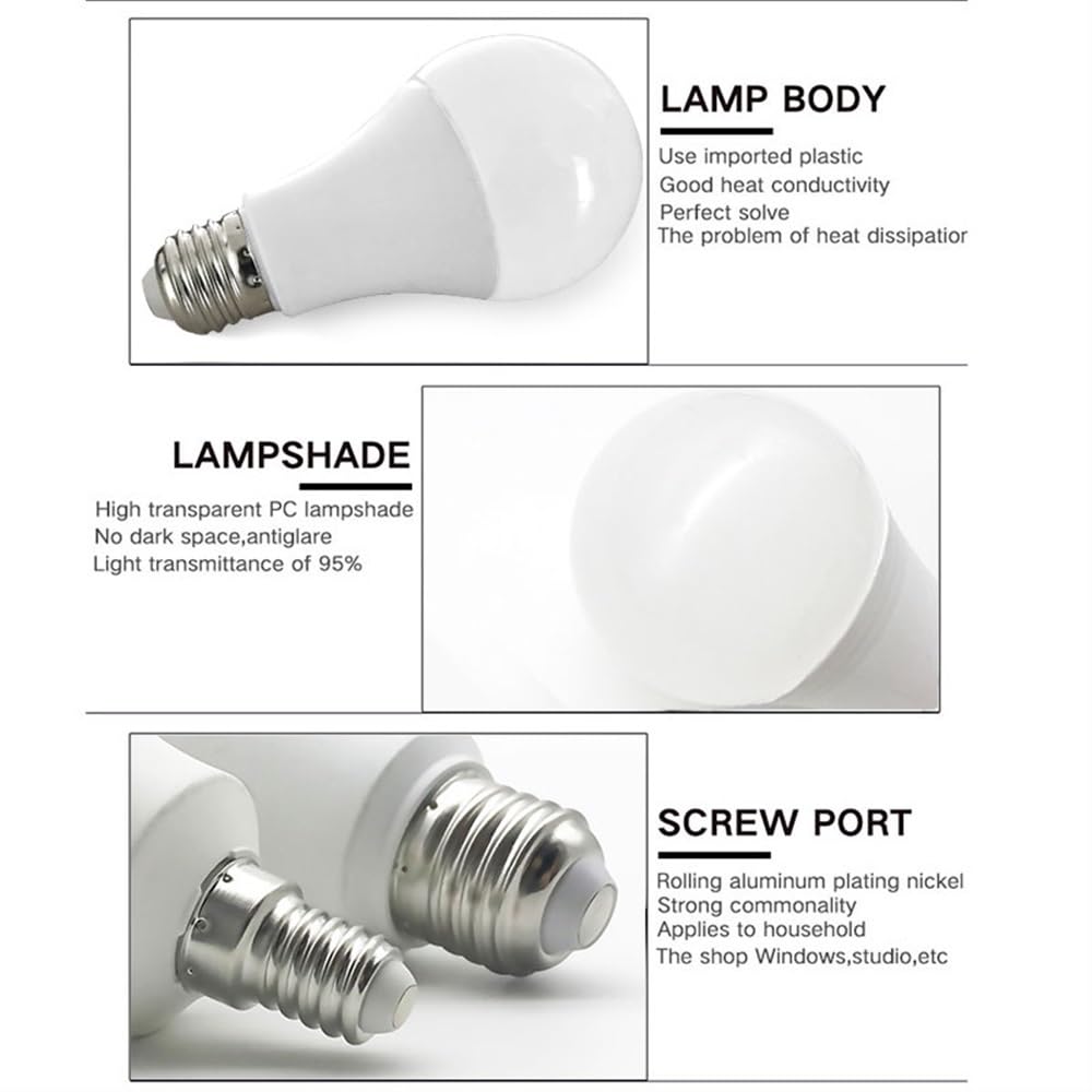 Ampoules LED pour la Maison (Lot de 6) E27 AC 220V SMD2835 3W 6W 9W 12W 15W 18W 20W, Ampoules LED à économie d'énergie, Blanc Chaud/Froid, pour éclairage extérieur et Domestique.