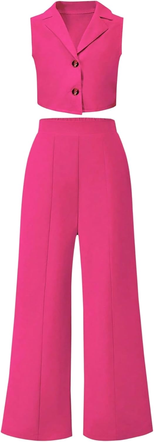 Milumia Girl's 2 Piece Outfits Button Up Sleeveless Suit Vest and Wide Leg Pants Sets