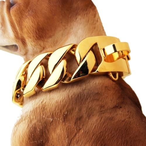 Goldfarbenes Hundehalsband, 32mm, Kubanisches Gliederhalsband mit Sicherer Schnappschnalle, 18 Karat Edelstahl, Für Alle Rassen, Mittelgroße Und Große Hunde(Gold,65cm)