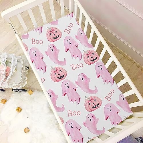Image of Halloween Ghosts Pink Crib Sheets Soft Breathable Fitted Baby Playard Sheets Mattress Cover for Girl Boys, 39 inch x 27 inch x 5 inch