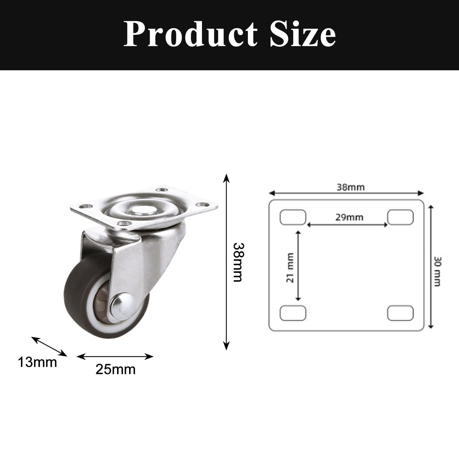 ZOFUN Caster Wheels Set of 16, 25 x 13 mm Heavy Duty Castor Wheels with Screws, Included 8 Pcs Silent Furniture Castors with Brakes, Silver Casters for Furniture - Image 2