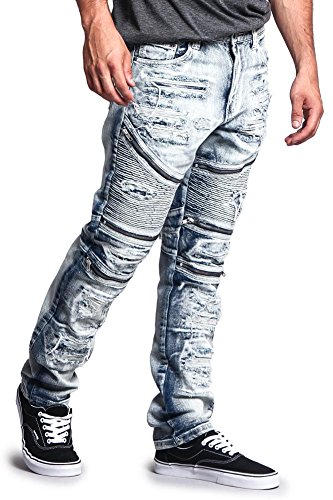 G-Style USA Men's Biker Distressed Slim Jeans - Acid Wash Knee Hole4