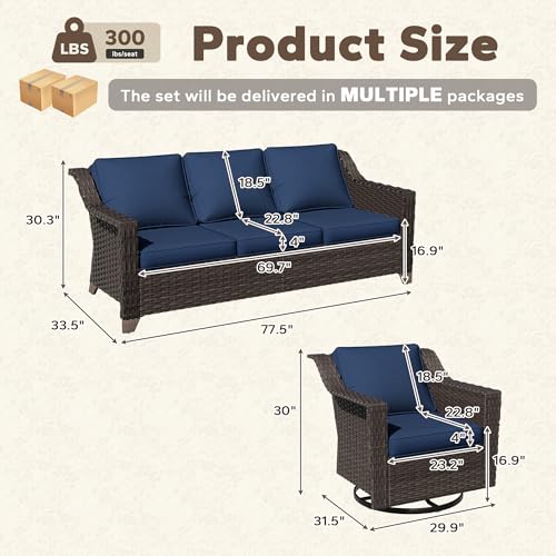 Image of 5 Piece Patio Furniture Set, Wicker Outdoor Conversation Set | Patio Chair Set with Olefin Removable Cushion, All-Weather Outdoor Couch with Deep Seat for Porch, Deck and Backyard, Blue