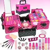 Una gran selección de juegos de maquillaje para niños para niñas: hay 47 artículos en este maquillaje infantil que cubren todo, desde maquillaje de labios, uñas y ojos. Si empuja la parte superior a los lados más tesoros están ocultos allí, un bonito espejo, más pinceles, pendientes de vestir y anillo, etc....Este juego de maquillaje de niña es muy compacto, tiene un montón de compartimentos que lo hace interesante para los niños y les da más opciones.