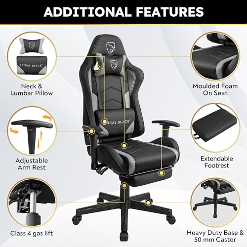 Lethal Black Ergonomic Gaming Chair - with Premium Breathable Alcantara Fabric, Multi Adjustable Armrests, Neck & Lumbar Support (Titan Series, Black) - Image 5