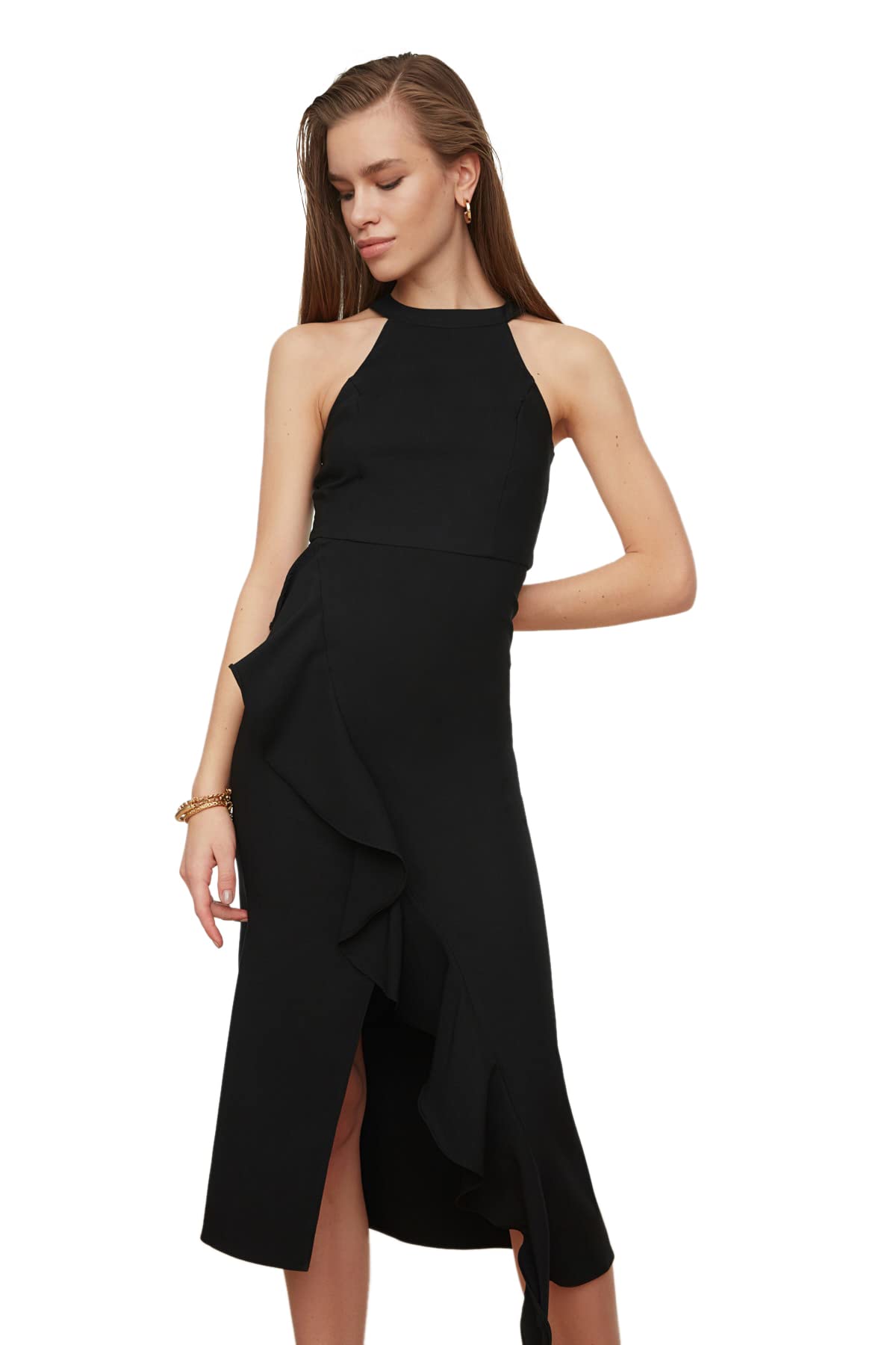 Trendyol Damen Schwarz Volan Detailliertes Kleid Dress, 34 Eu