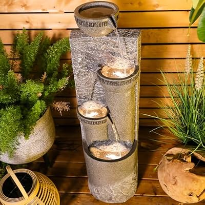 SERBILHOME Water Fountain Outdoor Garden 39.76" Big Outdoor Water Fountains Contemporary Design 4-Tier Pots Modern with Led Lights Waterfall Fountain Office,Yard, Floor Patio, Backyard Home Decor