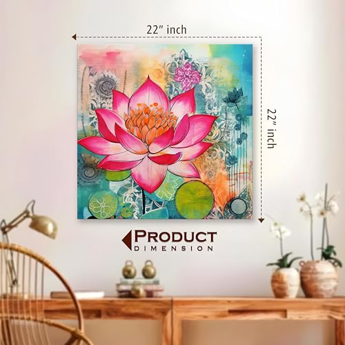 Image of PAINTINGMANTRA Multicolor Abstract Stretched Canvas Lotus Wall Art Painting for Living Room Bedroom Office - Pink Green Orange Gallery Wrap Frameless Canvas Wall Decor Painting (56x56 cm)
