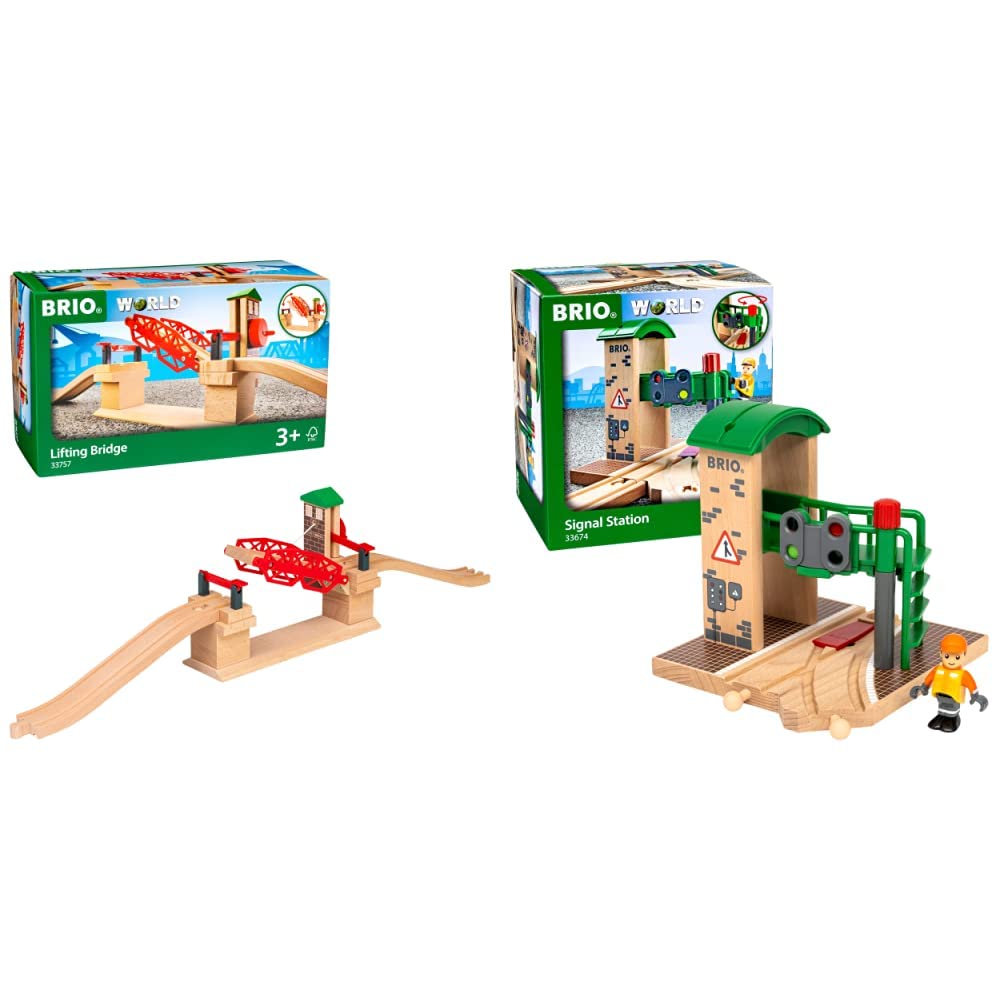 BRIO World 33757 Hebebrücke – Eisenbahnzubehör Holzeisenbahn – Kleinkinderspielzeug empfohlen für Kinder ab 3 Jahren & Bahn 33674 - Signal Station