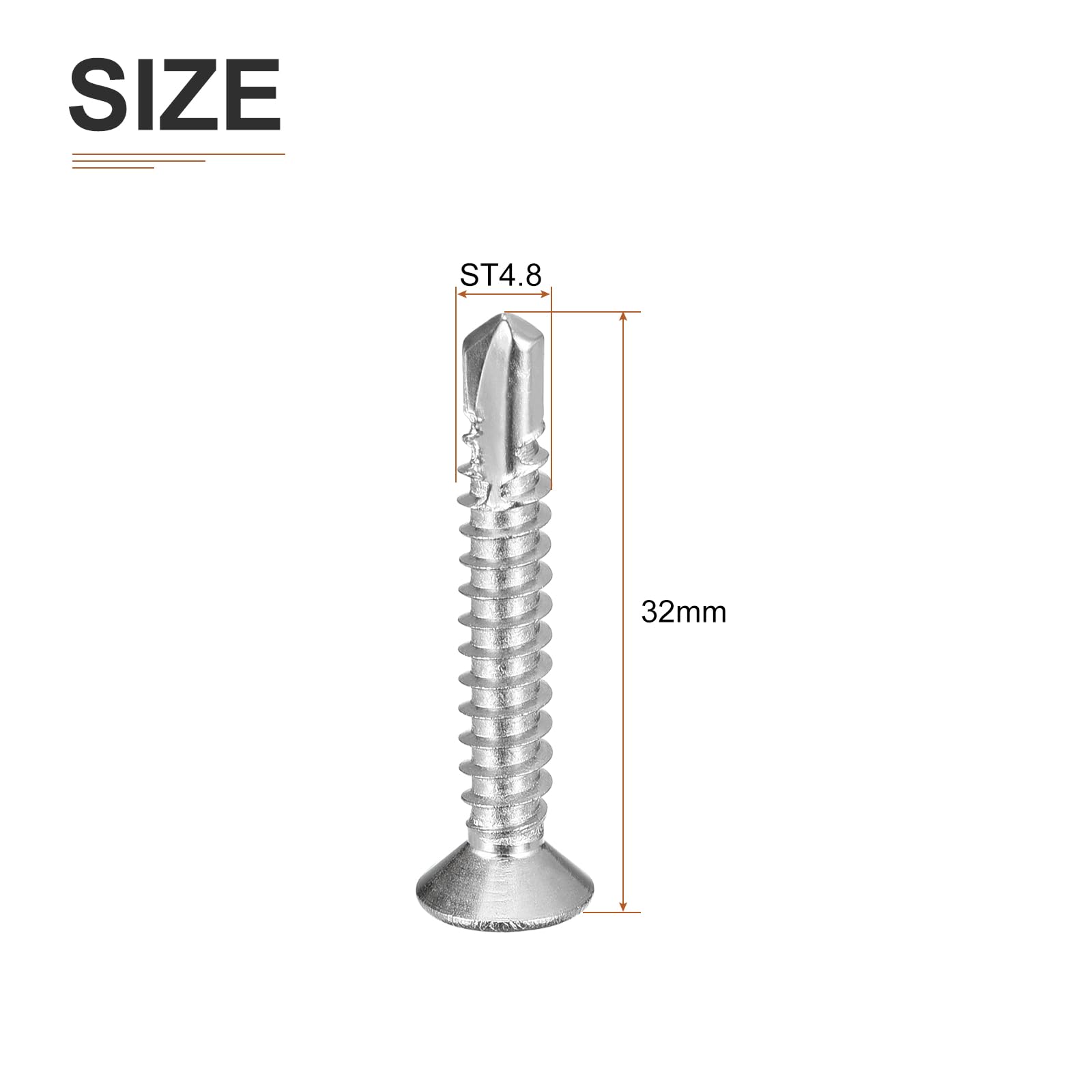 DTGN 100Pcs ST4.8x32mm Self Drilling Screws, 304 Stainless Steel Flat Head Phillips Sheet Metal Screw - Image 2