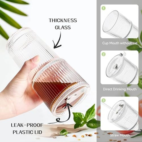 Image of Glass Mug with Bamboo Lid and Straw, 510ml, for Cold Drinks, Smoothies, Coffee(Pack of 1) (Ribbed Glass Mug with Lid)