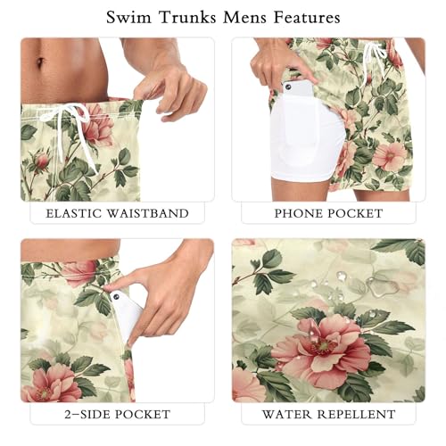 xigua Vintage Floral Mens Swim Trunks with Liner, 5 inch Quick Dry Mens Boardshorts for Beach3