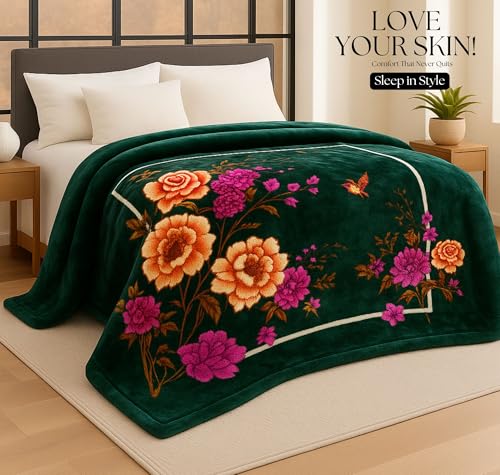 Image of HOMEKART Premium 300 GSM Mink Blanket for Double Bed | Super Soft Cloudy Printed for All Season | Ultra-Soft & Cozy Single Ply Blanket| 220 x 230 cm, (Green)