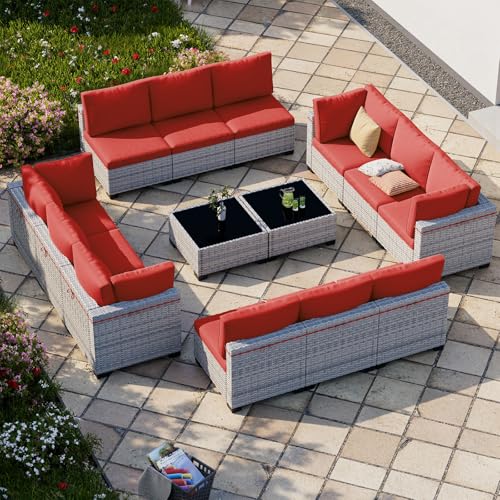 Image of 14-Piece Patio Furniture Set, Outdoor Sectional with Thick Cushions, Modular Patio Sofa, Dual-Strand Wicker Rattan, Rust-Resistant Frame, Backyard Furniture for Garden, Deck, Red
