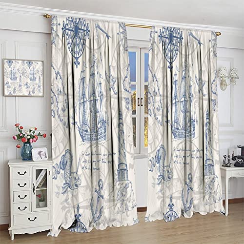 Nautical Theme Window Curtains,Pirate Sailboat Curtains For Bedroom,Octopus Starfish Print Draperies For Living Room,Ocean Window Treatment Curtains Set Of 2 Panels, 42X45 Inch #TOP3