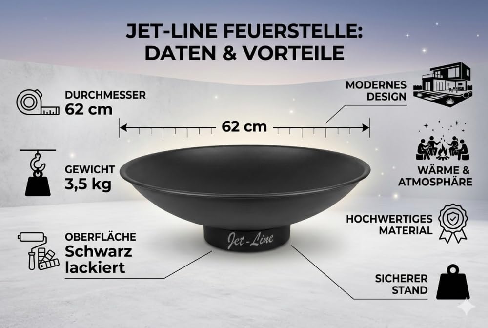 Jet-Line | Feuerschale Katar | schwarz matt | ⌀ 62 cm | Garten + Terrasse | Stahl Grill | Outdoor Feuerstelle