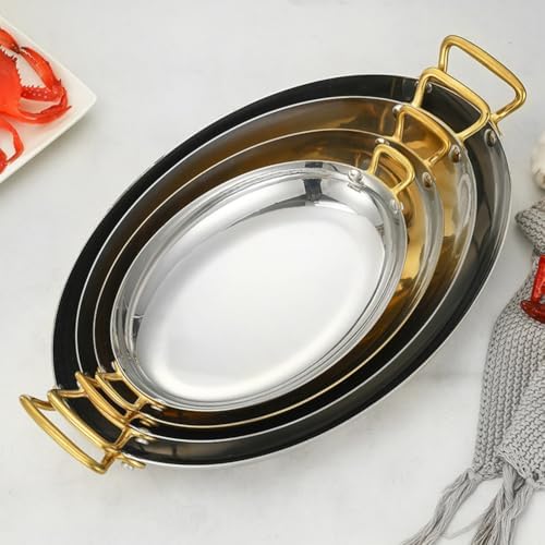 Stainless Steel Oval Paella Pan - Uncoated Nonstick Seafood & Lobster Cookware with Dual Handles for Home & Restaurant Cooking