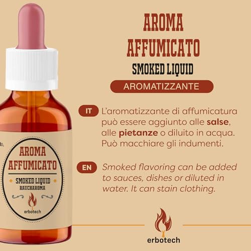 Erbotech, Flüssigrauch, Konzentrierter Lebensmittelzusatzstoff, verleiht Ihren Gerichten ein Intensives und Rauchiges Aroma, Ideal für Grill, auch für Vegetarier Geeignet, ohne GVO, vegan, 30 ml