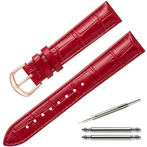 カルム 腕時計 ベルト 本革 クロコ型押し レザー 時計 バンド 交換ベルト 12㎜ ~ 22㎜ 交換説明書付き (12㎜, ダークレッド × ローズゴールド バックル)