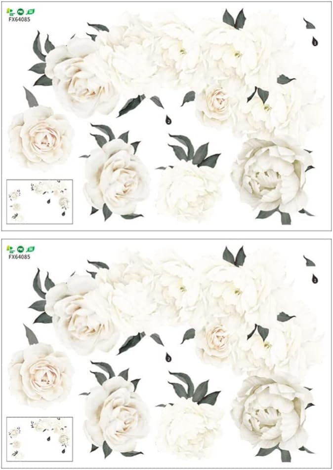 WINOMO 2PCS White Peony Wall Stickers Floral Decals Flower Wall Sticker Peel and Stick Wall Stickers PVC Removable Wall Decal for Bethroom Kitchen