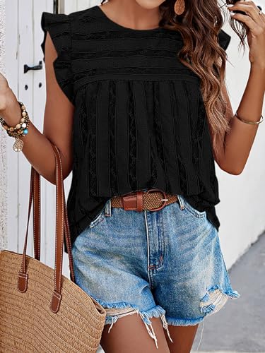 PRETTYGARDEN Women's Summer Cute Tank Top Crewneck Ruffle Sleeveless Hollow Out Eyelet Lace Spring Blouse Shirts4