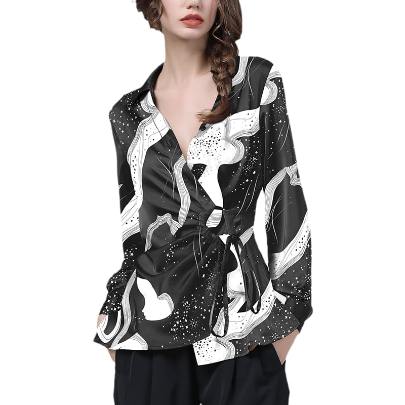 Hauts en Satin pour Femmes, Ample, Grande Taille, col Rabattu, tempérament en Dentelle, Chemises décontractées imprimées Assorties avec Tout (Couleur comme sur l'image L)