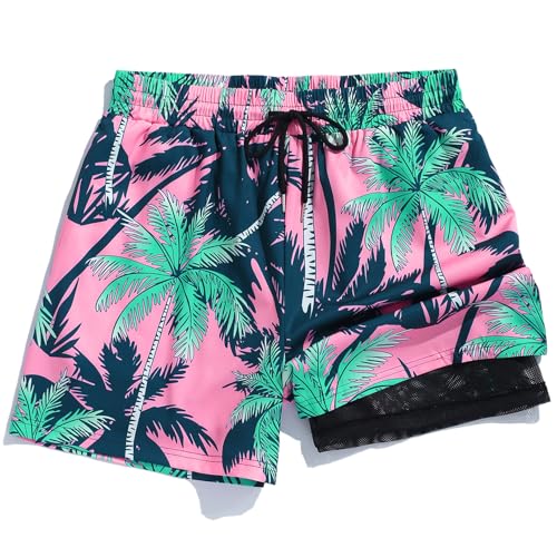 ZAFUL 2 in 1 Mens Swim Trunks Elastic Waistband Swim Shorts Quick Dry Beach Shorts with Pocket Pink Tree L