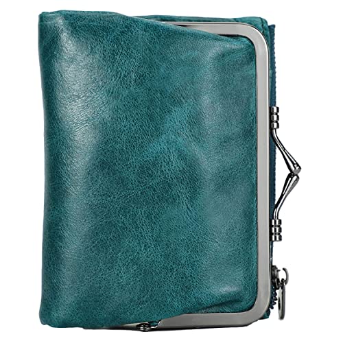 Small Bifold Wallet for Ladies, RFID Blocking Card Holder, Women's Genuine Leather Coin Purse with Kiss-Lock Pocket