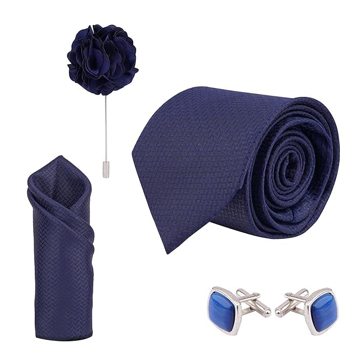 calixto Men's Blue Criss Cross Design MicroPoly Formal Necktie Tie With Pocket Square,Lapel Pin,Cufflinks, Solid Color Tie with Silky Feel (Leatharite Gift Box) (Pack of 4)-picture-37