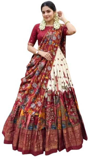 Kalamkari Printed Lehenga Choli with Dupatta, Silk Blend, Floral Design
