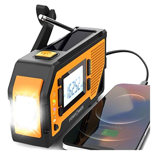 FosPower 2000mAh NOAA Emergency Weather Radio (Model D4) Portable Power Bank Solar Charging, Hand Crank & Battery Operated, LCD Display, SOS Alarm, AM/FM/WB & Flashlight for Outdoor Emergency – Orange