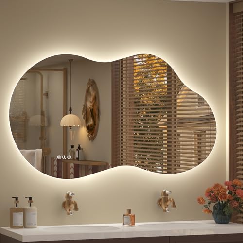 Image of 48x26 Inch Irregular LED Backlit Bathroom Mirror | Asymmetrical Lighted Vanity Mirror for Wall, Cloud Shape, Anit-Fog, Dimmable, Memory, Shatterproof (Horizontal /Vertical)