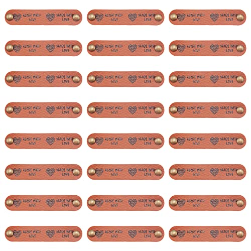 FINGERINSPIRE 24 Stück Handmade Label Leder PU Lederetikett mit Herzmuster & 2 Nieten 12x65mm braune Lederanhänger Knopf oval mit Liebe gemacht Anhänger für Jeans Taschen Schuhe Hut DIY Basteln
