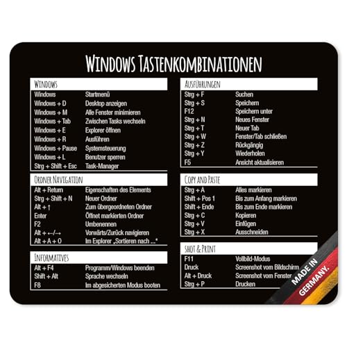 younikat Mauspad mit Windows Tastenkombinationen I 24 x 19 cm I Mousepad in Standardgröße, rutschfest I Tastenkürzel Übersicht Shortcuts I wasserabweisend I dv702