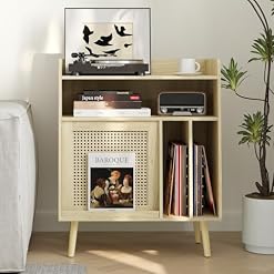 Semiocthome Record Player Stand with Vinyl Storage, Record Player Table with Storage Shelf, Turntable Stand with Rattan Cabinet Door, Side Table with Solid Wood Legs for Turntables for Living Room - Les Beatles, Paul McCartney, John Lennon, RIngo Starr, George Harrison