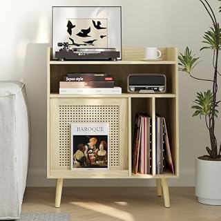 Semiocthome Record Player Stand with Vinyl Storage, Record Player Table with Storage Shelf, Turntable Stand with Rattan Cabinet Door, Side Table with Solid Wood Legs for Turntables for Living Room - Les Beatles, Paul McCartney, John Lennon, RIngo Starr, George Harrison