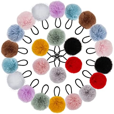 Fishdown 24 Count Hair Ties, Fluffy Ball Pom Pom Elastic Hair Bands for Girls Women Kids, Multicolored (pink, purple, blue, green, yellow, orange, red, black, white, gray, brown, beige) Cover