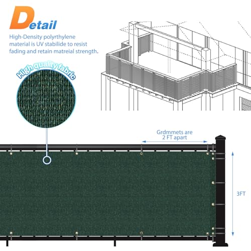 TANG 3' x 25' Balcony Privacy Screen Fence for Apartment Deck Railing, 200GSM Heavy Duty Block Outdoor Privacy Fencing Cover for Patio Porch Backyard Screens, Dark Green by TANG - Image 3