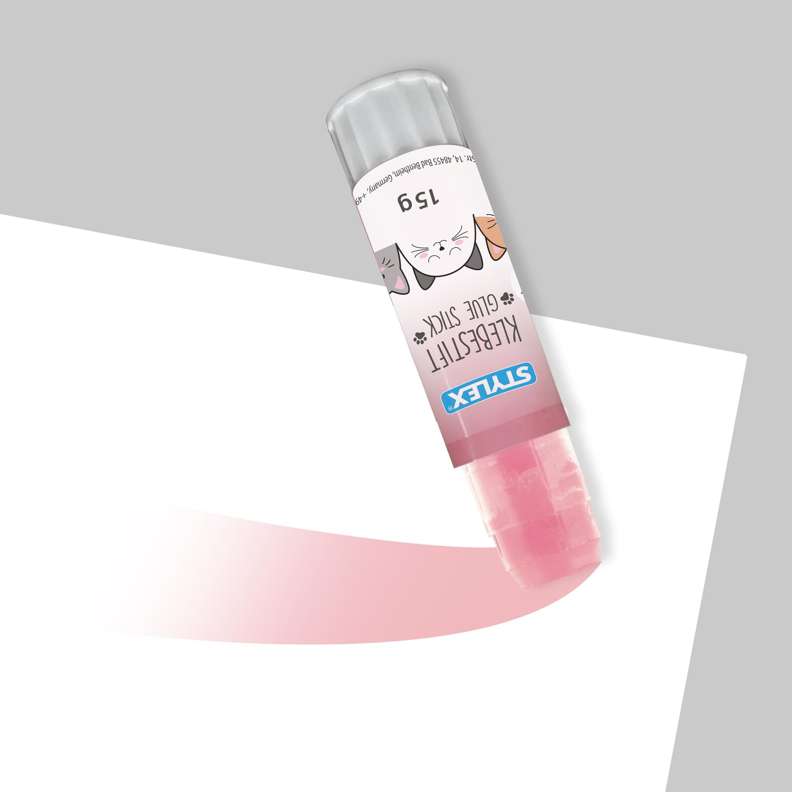 Stylex 23369-P12 - Stick di colla con disegno di gatto, 12 x 15 g di colla in 3 colori pastello, spalma colorata, incolla trasparente, lavabile e senza solventi
