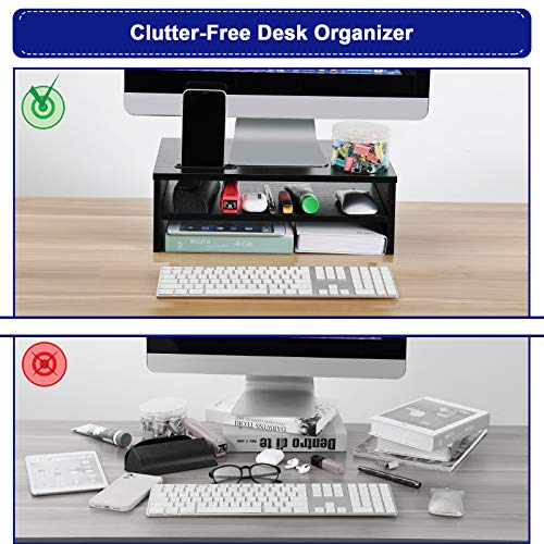 Wood Monitor Stand Riser, 2 Tiers Desk Organizer Stand with Cellphone Holder, Laptop Printer Stand with Cable Management, for Computer, Notebook, Printer Holder, 16.5 inches by ERGO TAB, Black - Thumbnail 3