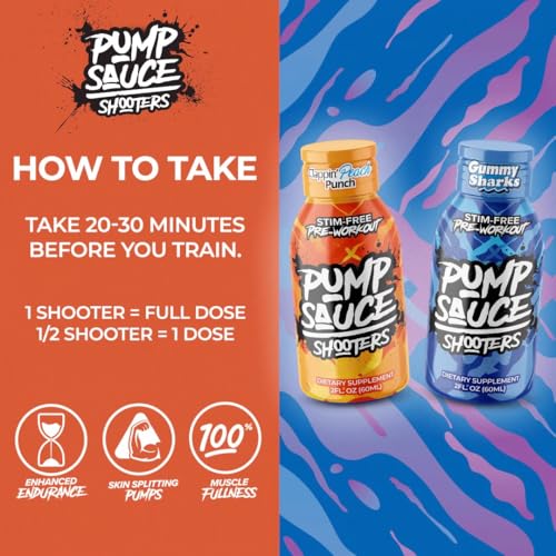 Image of Pump Sauce Pre-Workout Shooters - 2 oz Bottles, 12 Pack, Sour Gummy Worms and Clappin Peach Punch, No Caffeine, Full Spectrum Liquid, Gluten Free, Vegan, Zero Sugar